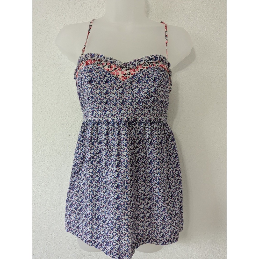 VTG Y2K Tommy Girl Floral Smocked Cami Babydoll Top Spaghetti Strap Blue Pink M